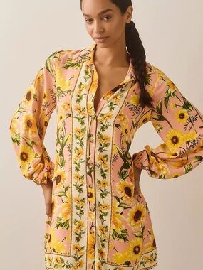FARM Rio x Anthropologie Sunflower Print Button-Front Tunic - Pink & Yellow